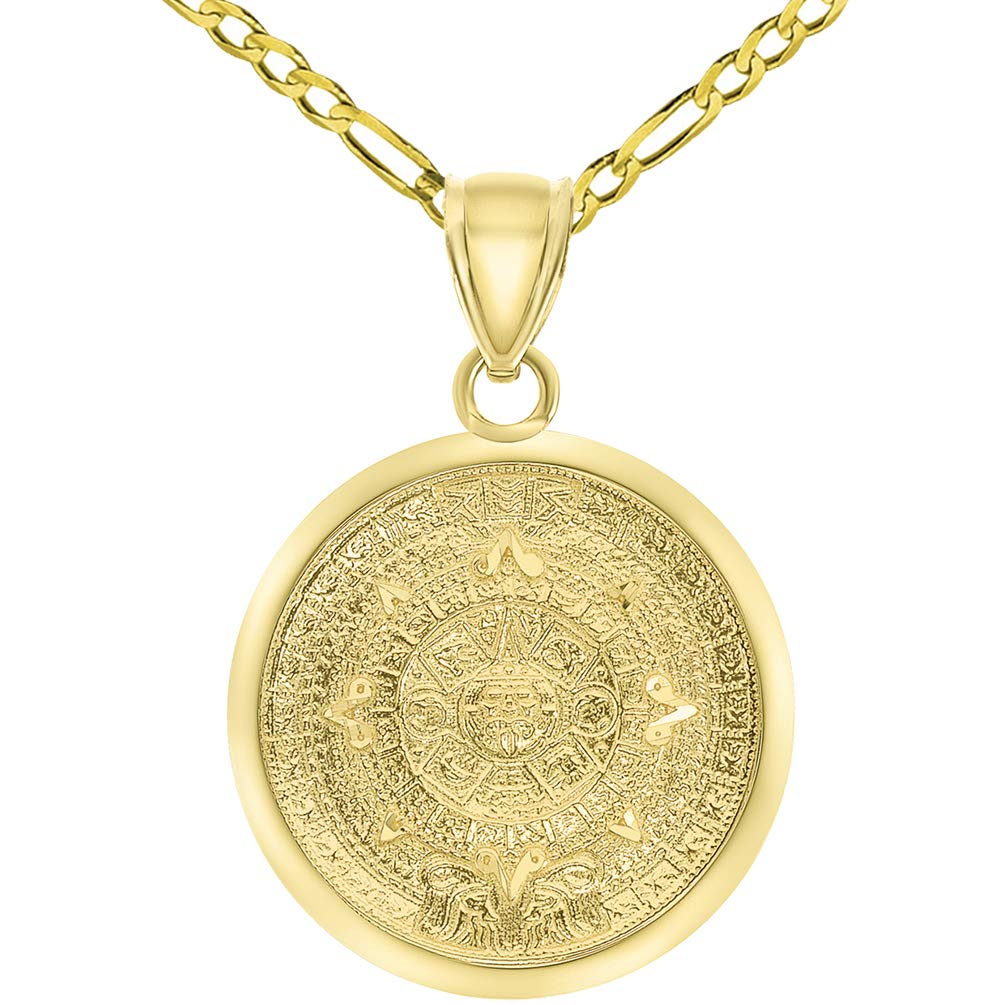 14k Yellow Gold Mayan Sun Calendar Medallion Pendant with Figaro Chain Necklace