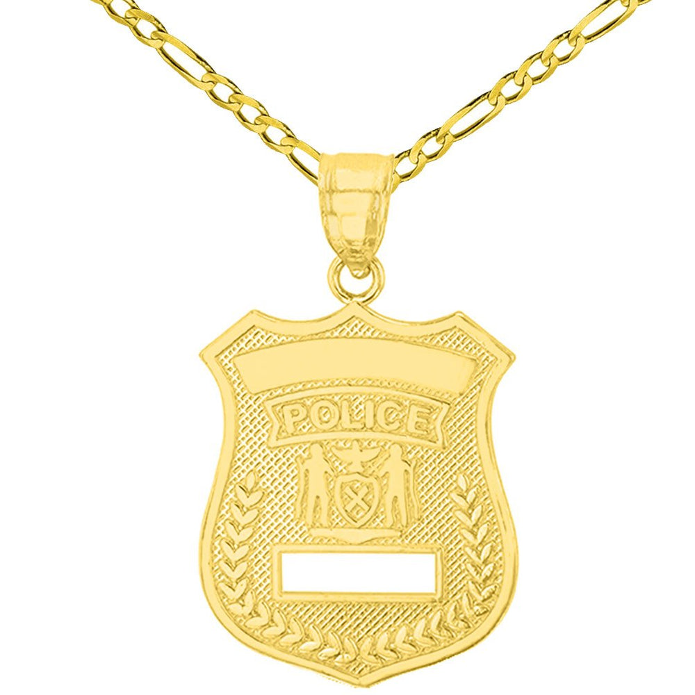 Solid 14K Yellow Gold Police Officer Badge Charm Pendant with Figaro Chain Necklace