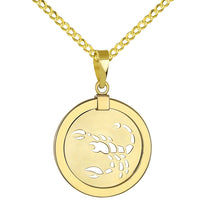 Load image into Gallery viewer, 14K Yellow Gold Reversible Round Scorpion Scorpio Zodiac Sign Pendant with Cuban Chain Necklace
