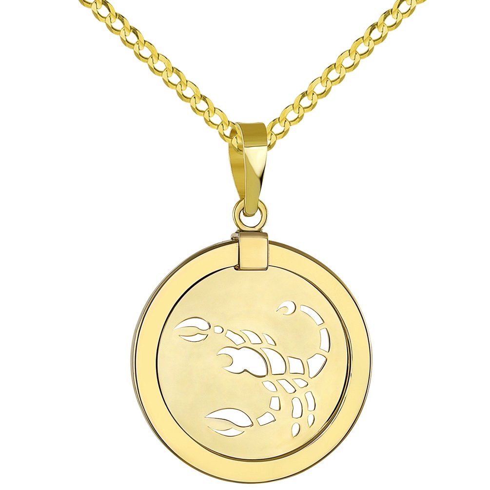 14K Yellow Gold Reversible Round Scorpion Scorpio Zodiac Sign Pendant with Cuban Chain Necklace
