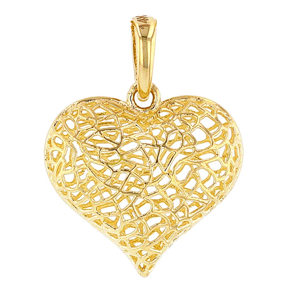 Textured 14k Yellow Gold Puffed Filigree Heart Charm Pendant