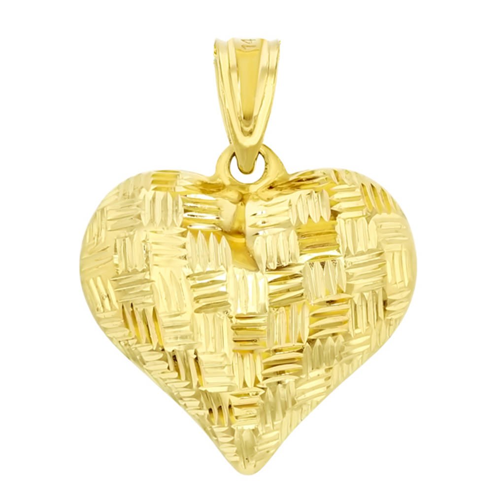 14K Yellow Gold 3D Textured Heart Charm Pendant