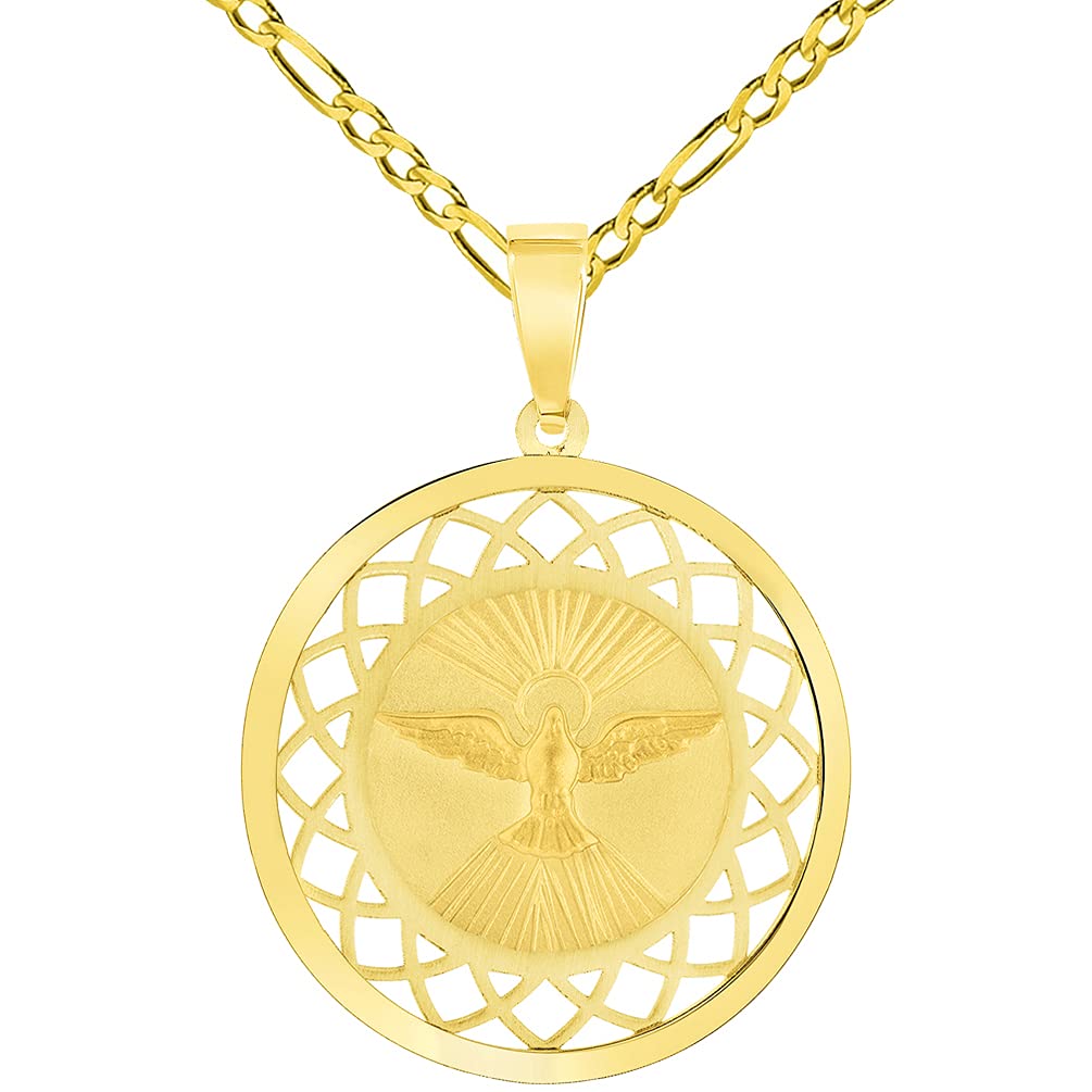 14k Yellow Gold Holy Spirit Dove Religious Round Open Ornate Medal Pendant with Figaro Chain Necklace