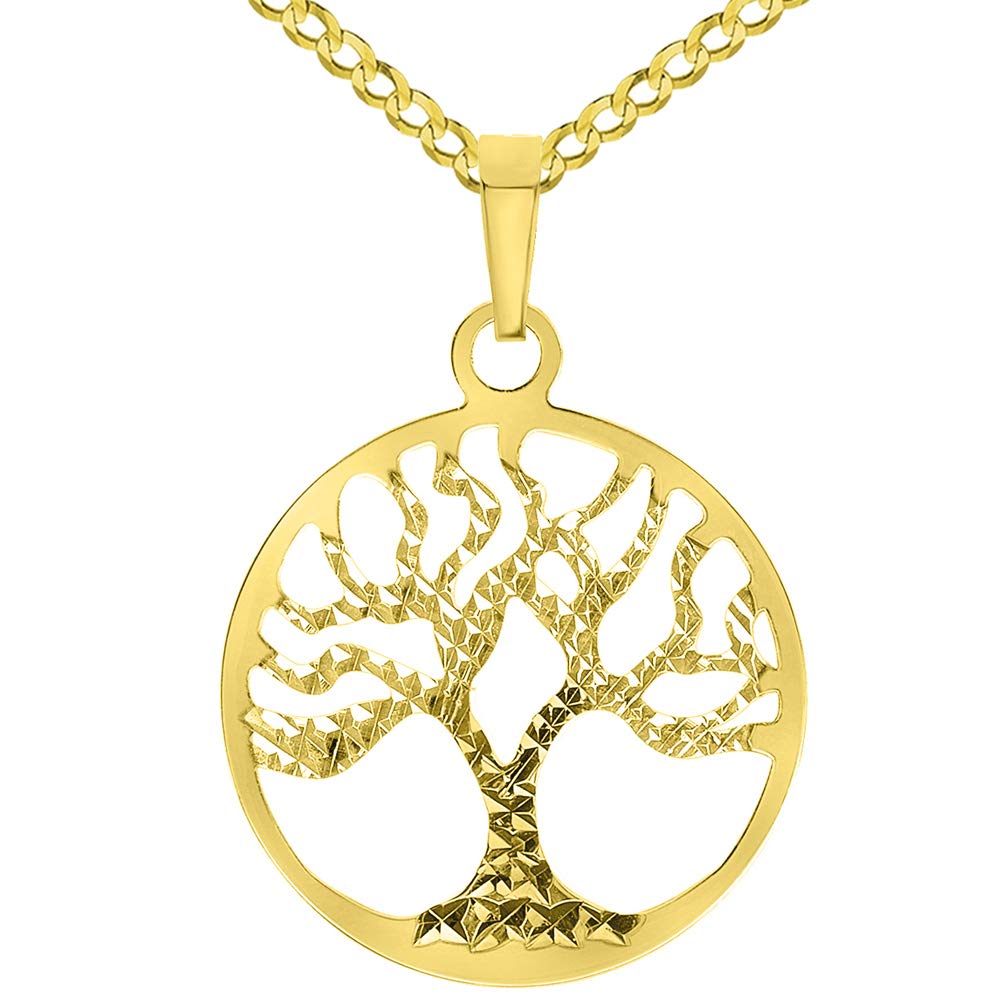 Solid 14k Yellow Gold Textured Reversible Round Tree of Life Pendant Necklace with Curb Chain