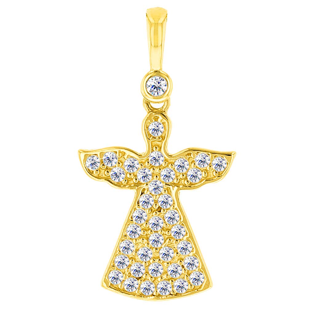 Solid 14k Yellow Gold Guardian Angel Silhouette Pendant with Cubic Zirconia