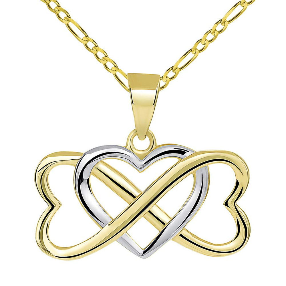 14k Yellow Gold Two Tone Interlocking Triple Heart Infinity Love Symbol Pendant with Figaro Necklace