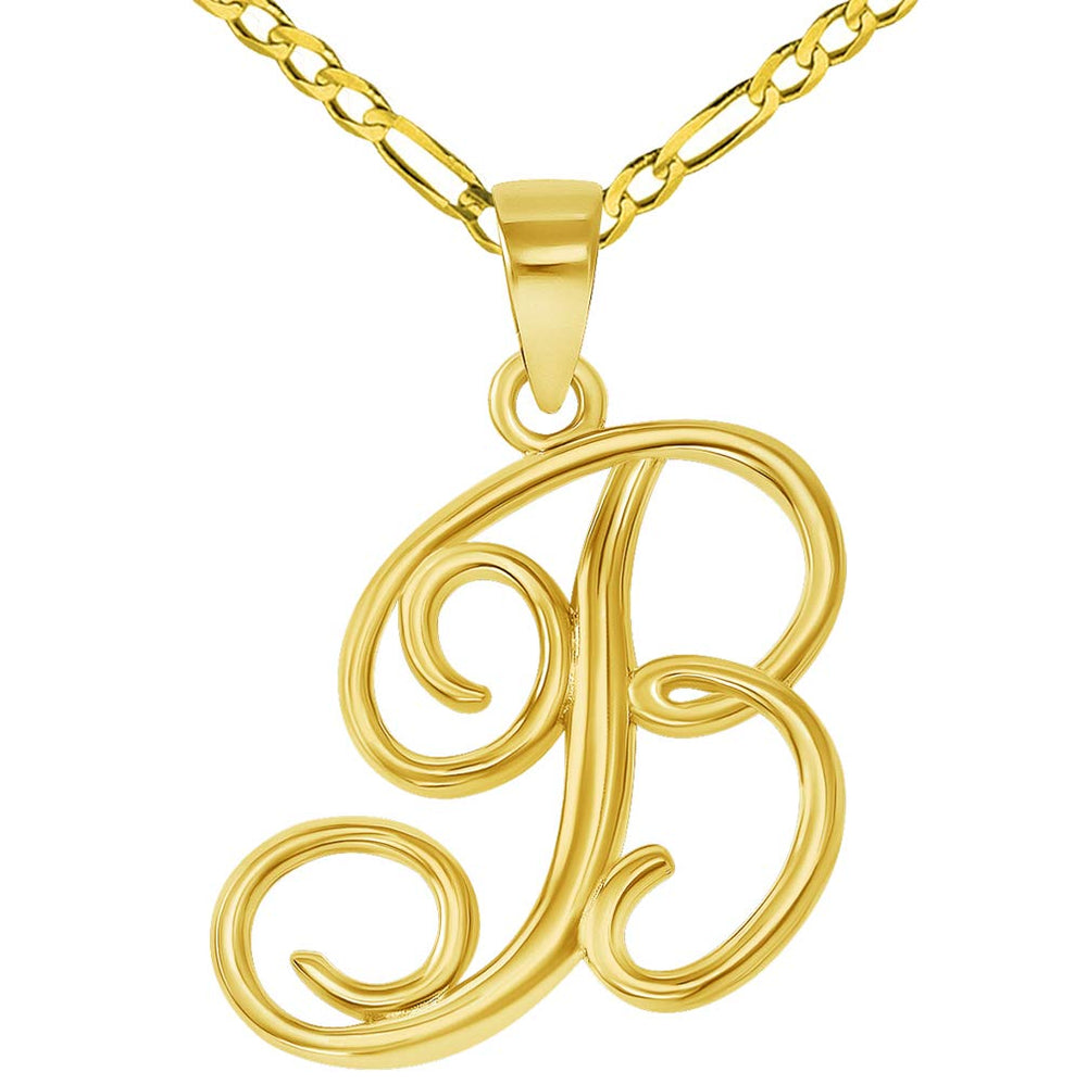 14k Yellow Gold Elegant Script Letter B Cursive Initial Pendant with Figaro Chain Necklace