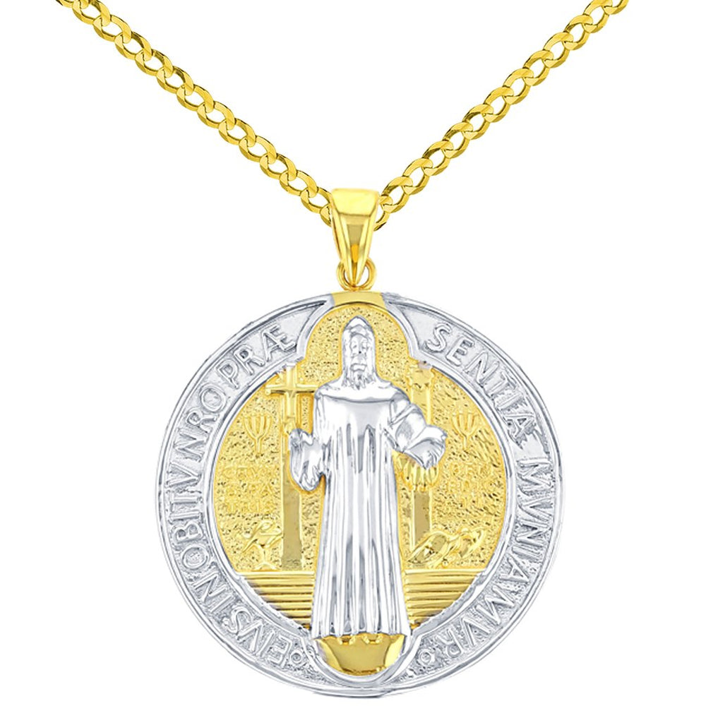 Solid 14K Gold Polished St Benedict Medal Charm Saint Pendant Cuban Chain Necklace - Yellow Gold