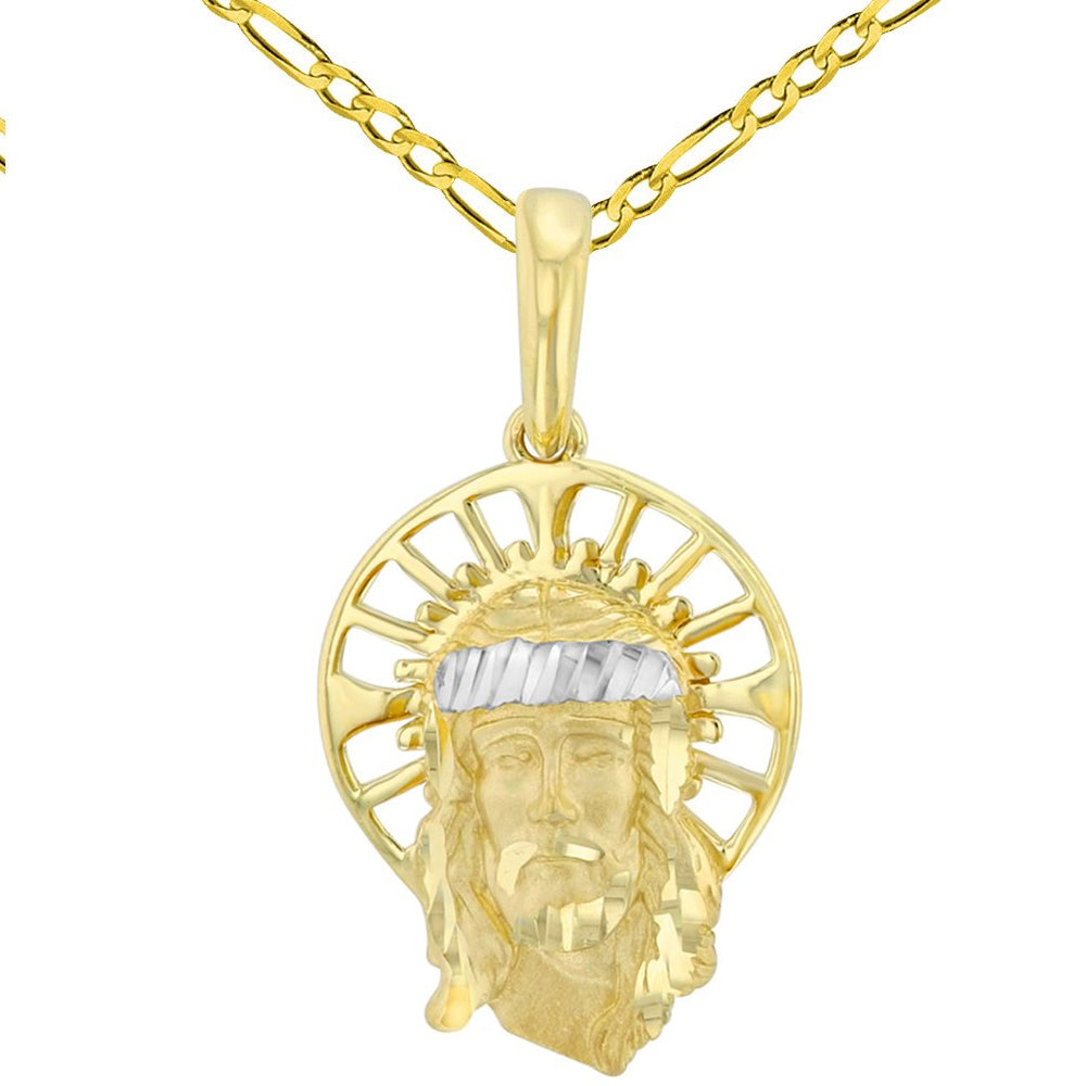 Textured 14K Yellow Gold Dainty Halo Jesus Christ Face Pendant with Figaro Chain Necklace