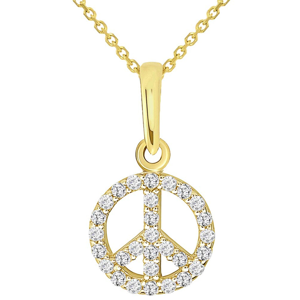 Solid 14k Yellow Gold Small Peace Symbol Charm Pendant Necklace with Cubic Zirconia