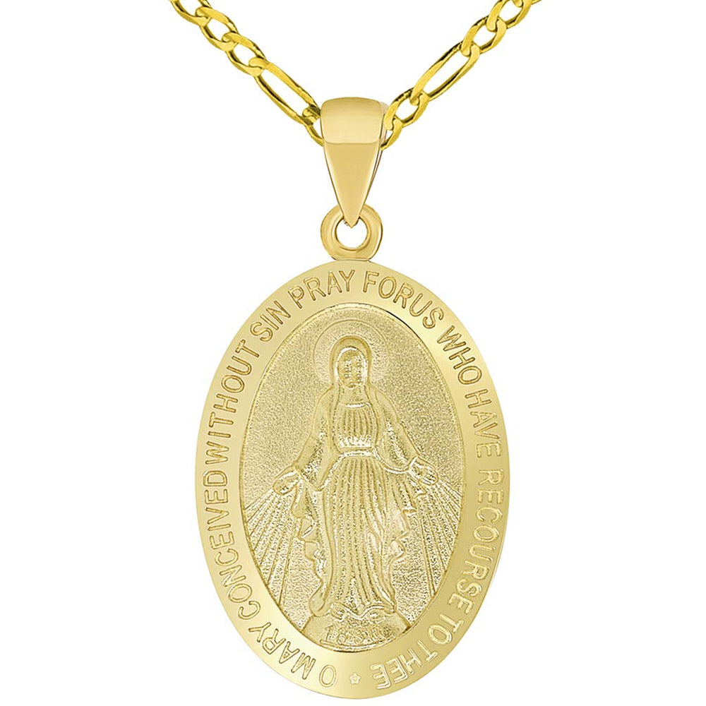 Solid 14k Yellow Gold Small Classic Miraculous Medallion of the Virgin Mary Pendant with Figaro Chain Necklace