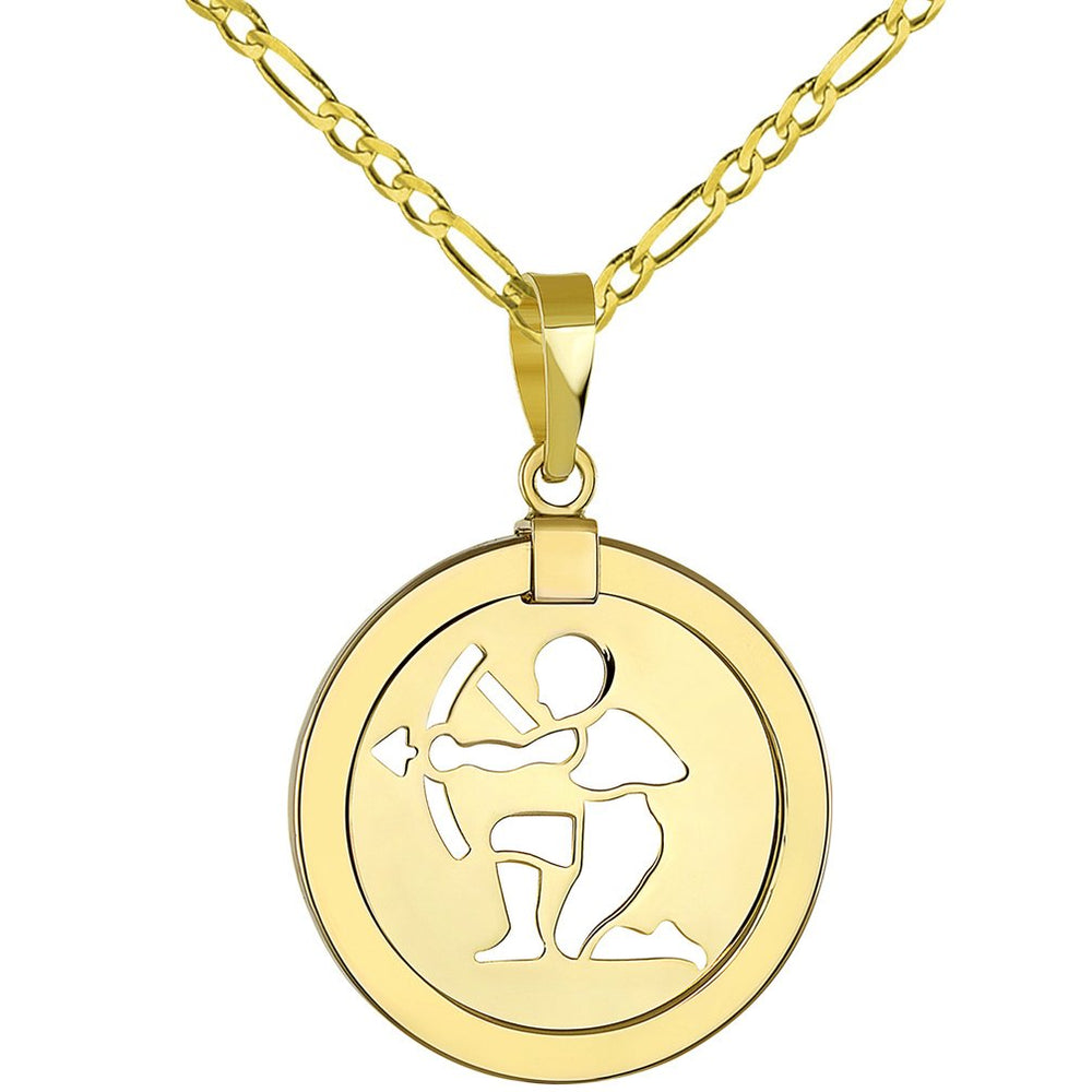 14K Gold Reversible Round Sagittarius Zodiac Sign Pendant with Figaro Chain Necklace - Yellow Gold