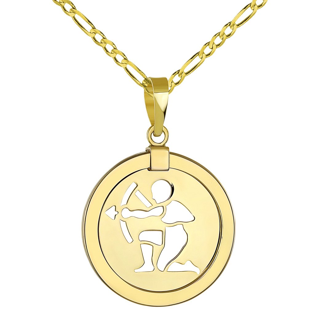 14K Gold Reversible Round Sagittarius Zodiac Sign Pendant with Figaro Chain Necklace - Yellow Gold