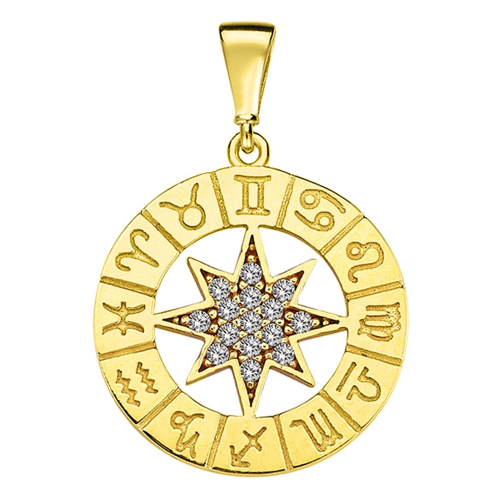 14k Yellow Gold Cubic-Zirconia Round Zodiac Compass Calendar Pendant