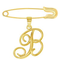 Load image into Gallery viewer, 14k Yellow Gold Elegant Script Letter B Cursive Initial Charm with Safety Pin Brooch

