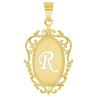 Load image into Gallery viewer, 14k Yellow Gold Elegant Filigree Oval Uppercase Initial R Script Letter Plate Pendant with Figaro Chain Necklace
