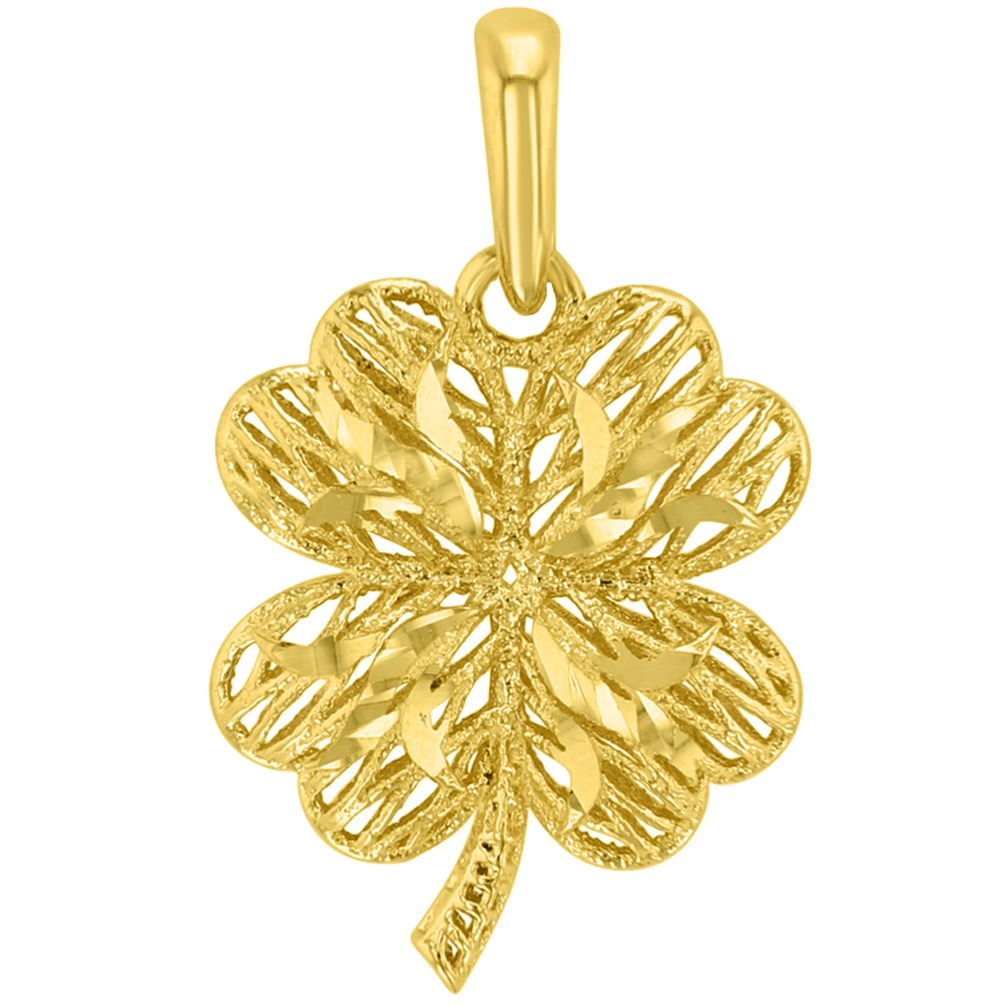 Textured 14k Yellow Gold Puffed 3-D Four Leaf Clover Pendant