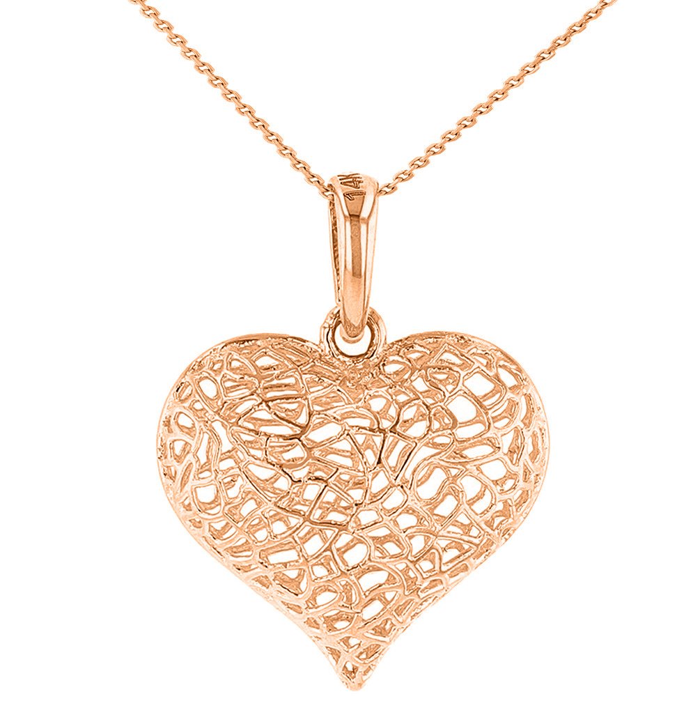 Textured 14k Rose Gold Puffed Filigree Heart Charm Pendant Necklace