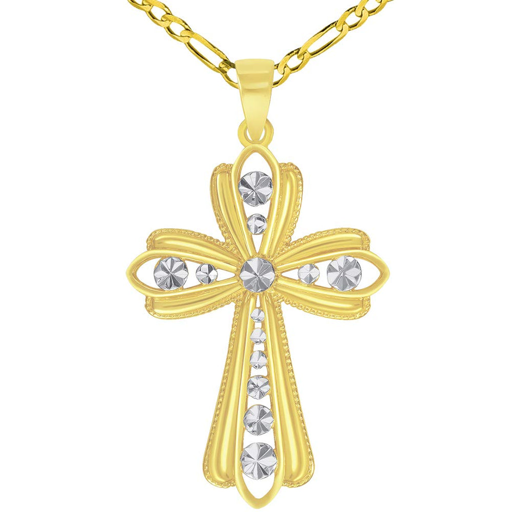 14k Yellow Gold Dazzling Two-Tone Religious Cross Pendant with Figaro Chain Necklace