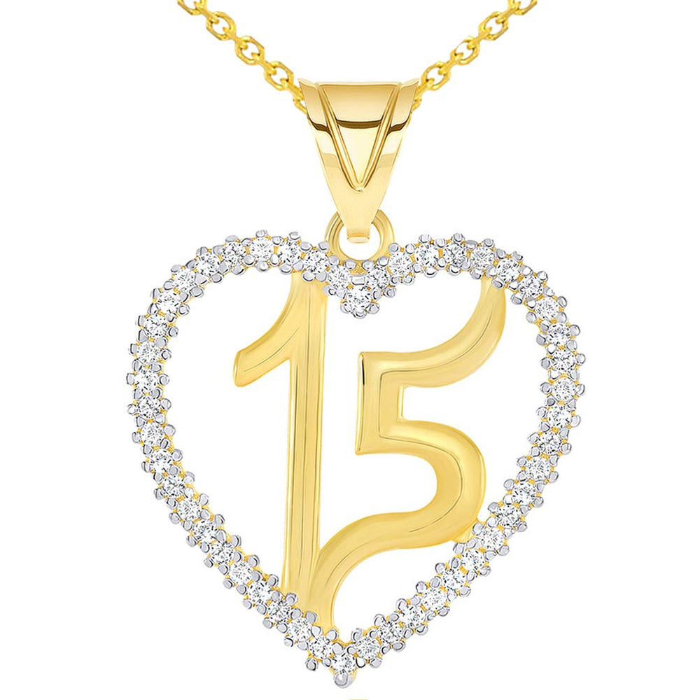 14k Yellow Gold Cubic Zirconia Number 15 Inside Open Heart Pendant Necklace