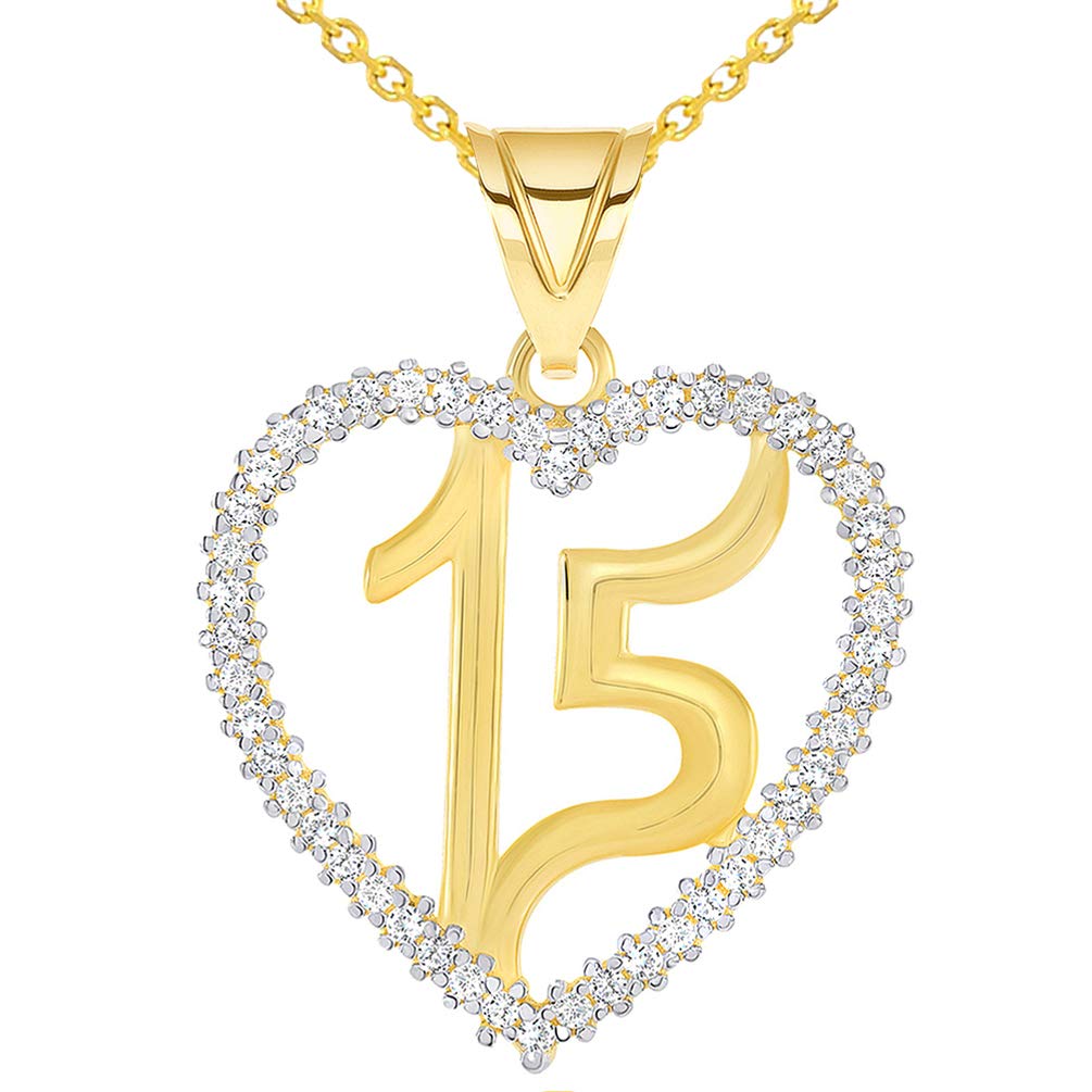 14k Yellow Gold Cubic Zirconia Number 15 Inside Open Heart Pendant Necklace