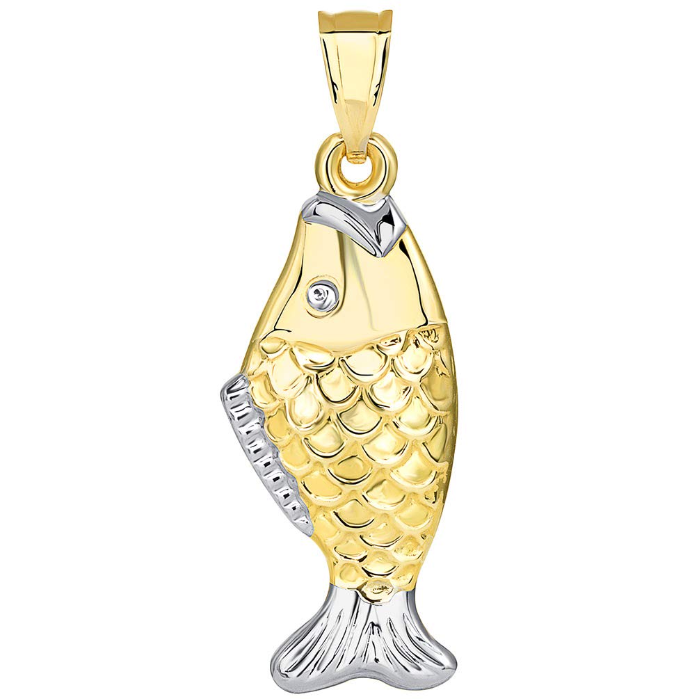 14k Yellow Gold Two Tone 3D Well Detailed Bass Vertical Fish Pendant
