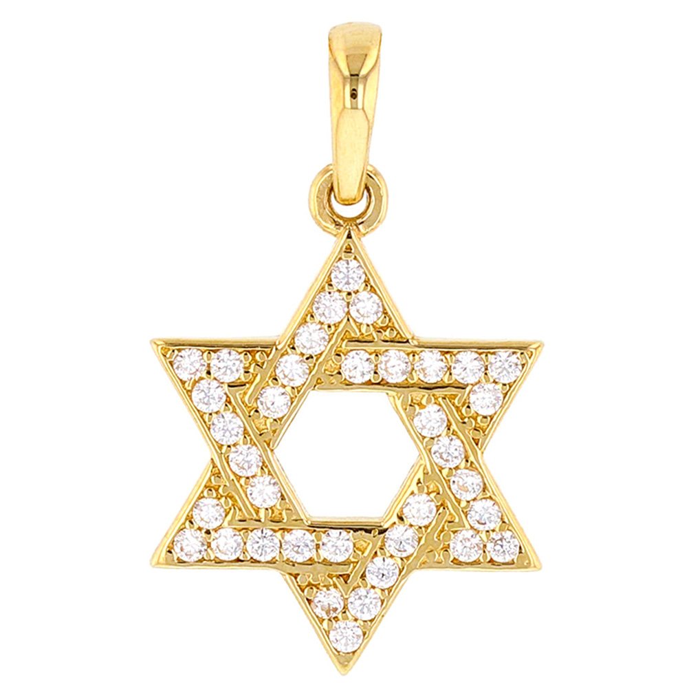 Religious by Jewelry America Solid 14k Yellow Gold Simple Jewish Star of David Charm Pendant with Cubic Zirconia