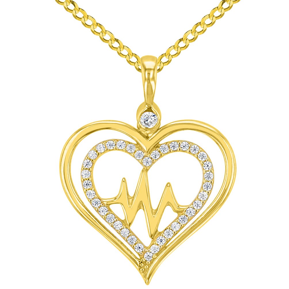Solid 14K Yellow Gold CZ Double Heart Heartbeat Pendant with Cuban Necklace