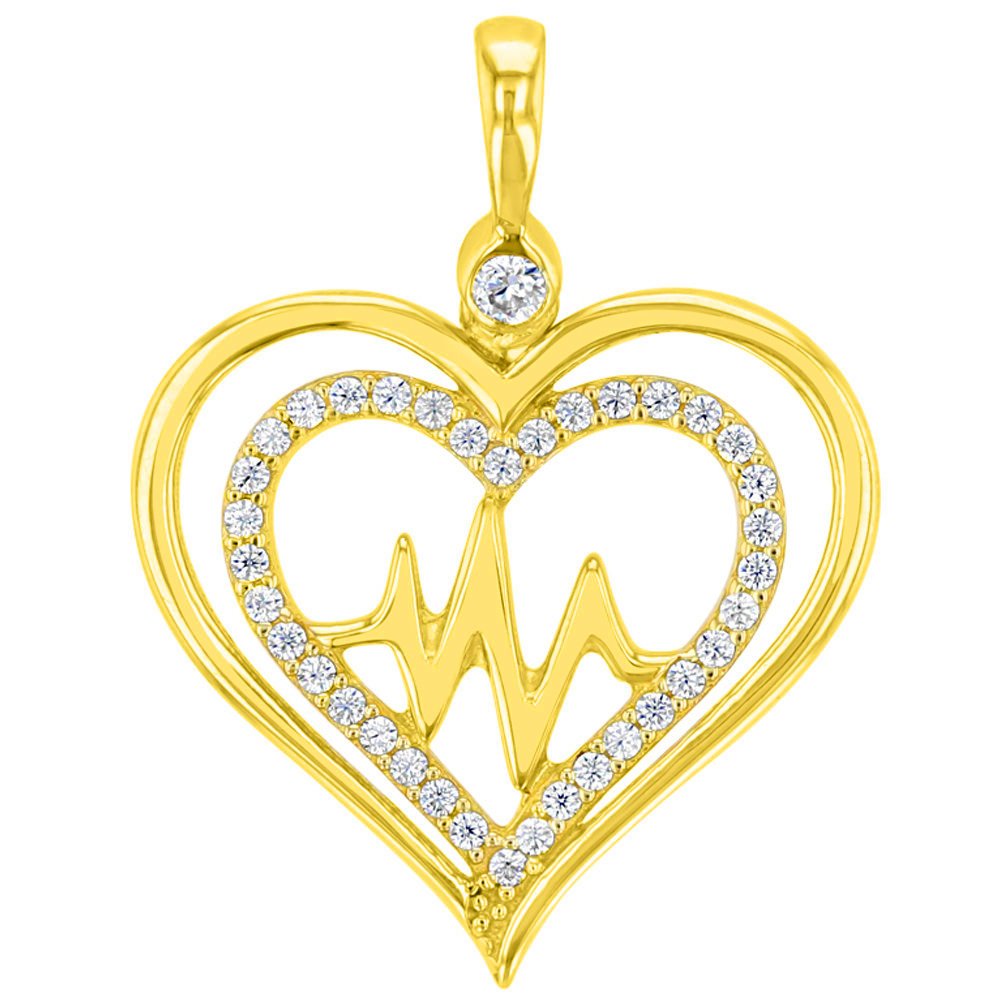 Solid 14K Yellow Gold CZ Double Heart Heartbeat Pendant