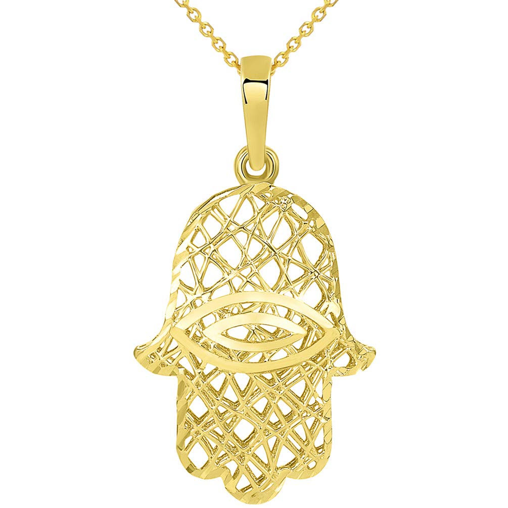 14k Yellow Gold Textured Filigree 3D Hamsa Hand of Fatima with Evil Eye Pendant Necklace
