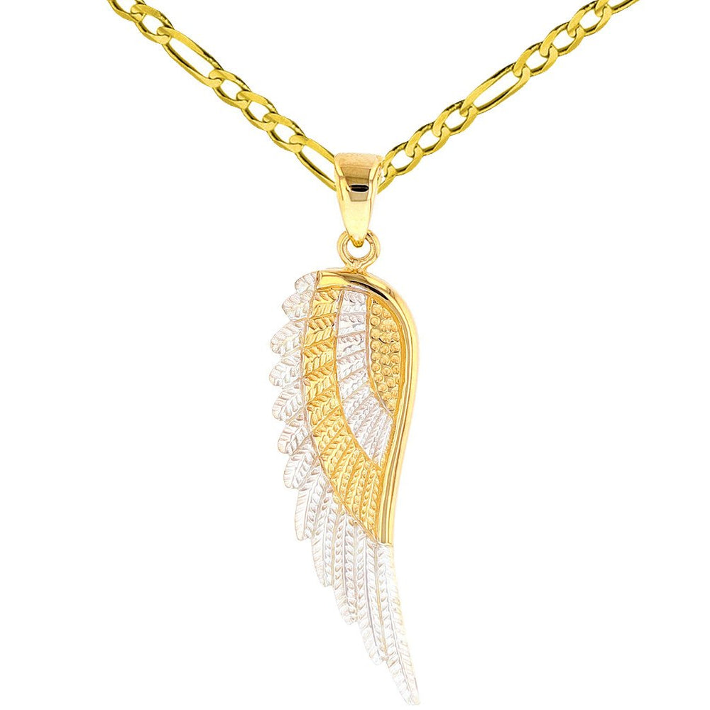 Solid 14k Gold Textured Angel Wing Charm Pendant Necklace - Yellow Gold