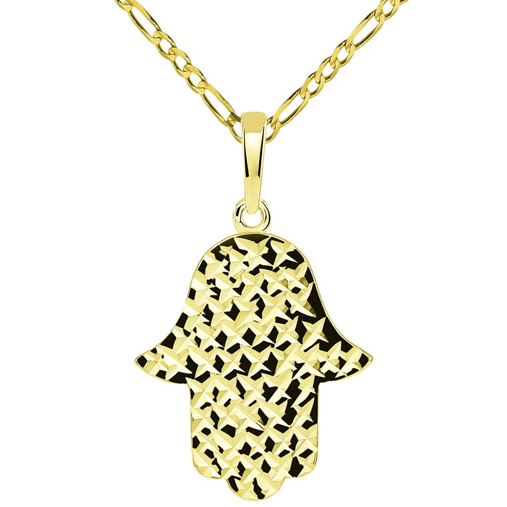 14k Yellow Gold Textured Elegant Hamsa Hand of God Pendant with Figaro Necklace