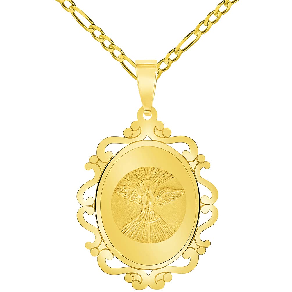 14k Yellow Gold Holy Spirit Dove Religious Elegant Ornate Medal Pendant with Figaro Chain Necklace