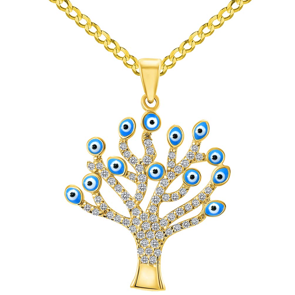 14k Yellow Gold Cubic-Zirconia Blue Evil Eye Tree of Life Pendant with Curb Chain Necklace