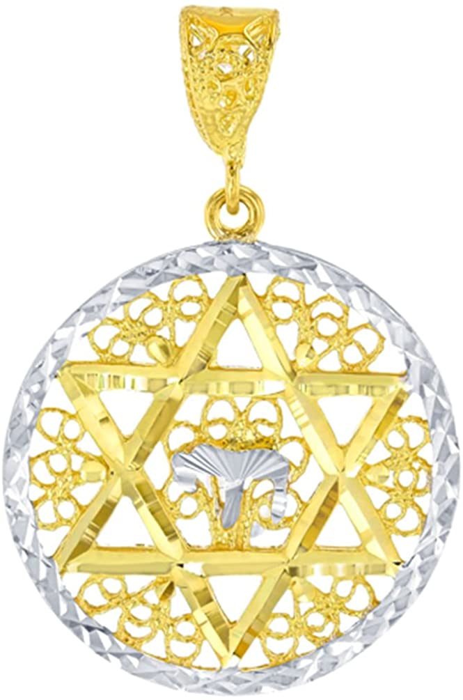 Solid 14K Yellow Gold Round Filigree Star of David with Chai Symbol Handcrafted Pendant
