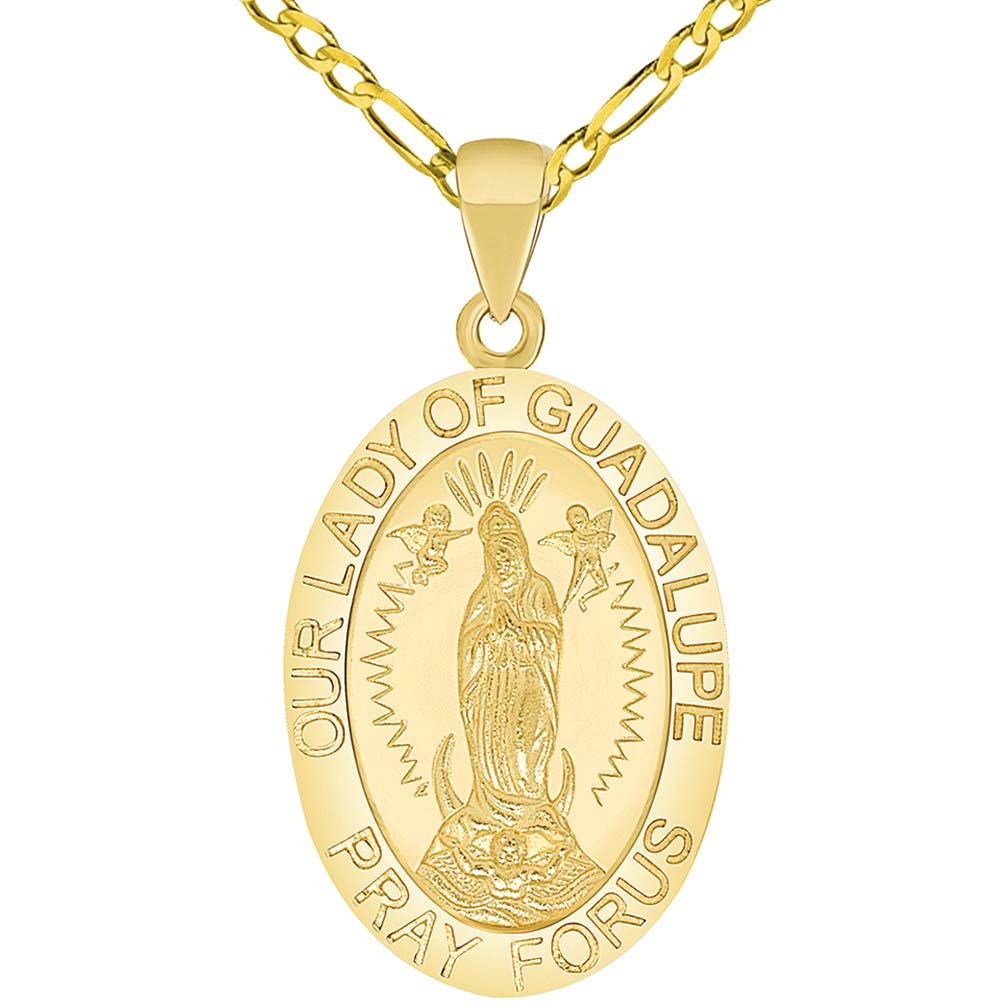 Solid 14k Yellow Gold Small Our Lady Of Guadalupe Pray For Us Miraculous Medal Pendant with Figaro Chain Necklace