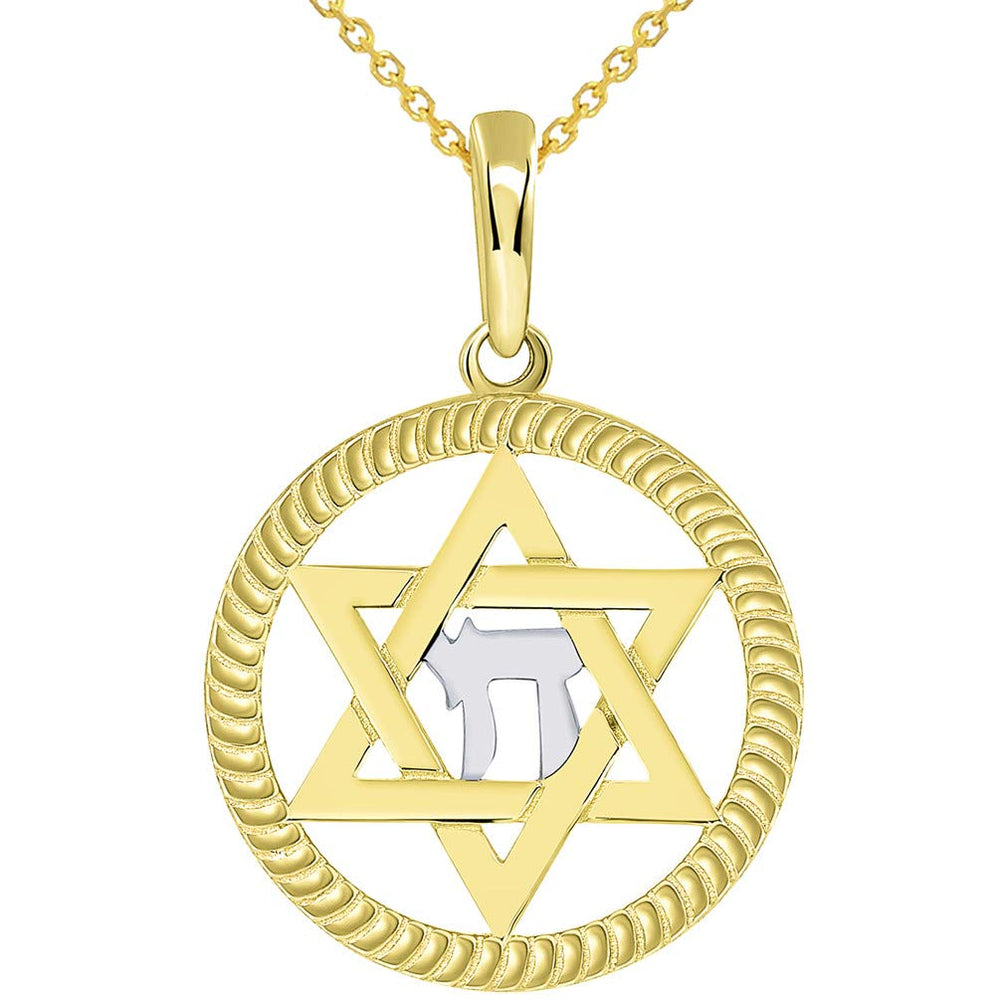 14k Yellow Gold Round Rope Style Jewish Star of David with Chai Symbol Pendant Necklace