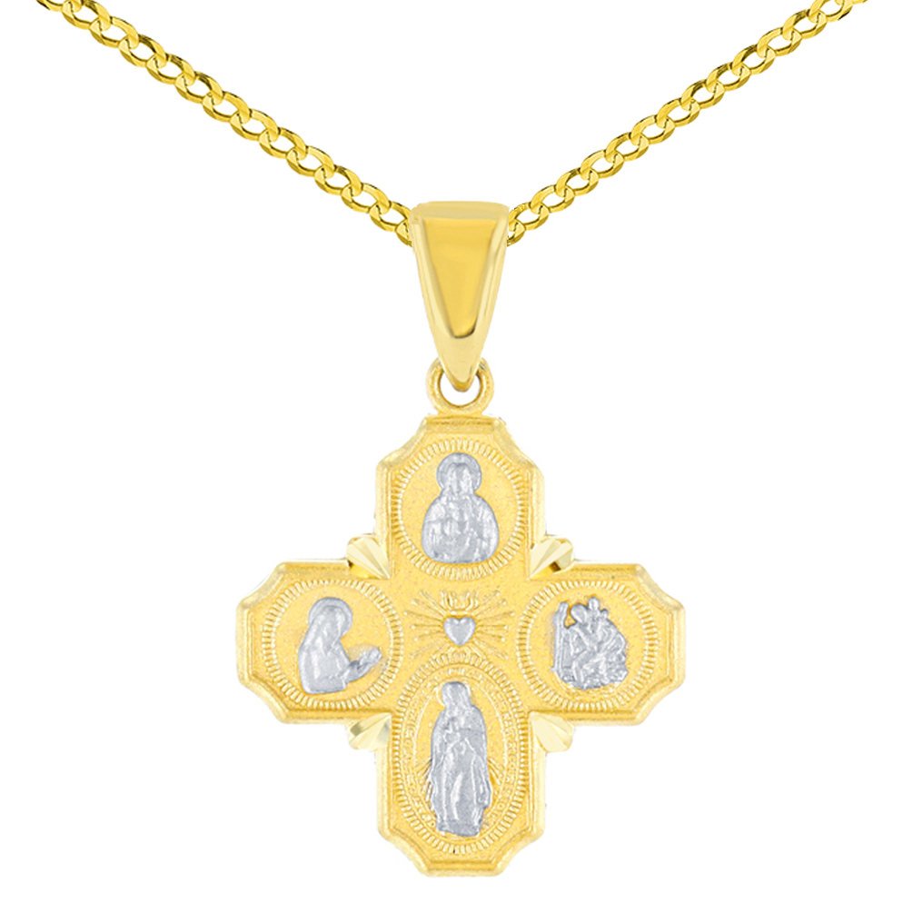 Solid 14K Gold Dainty Four Way Cross Charm with God Bless You Pendant Cuban Chain Necklace - Yellow Gold