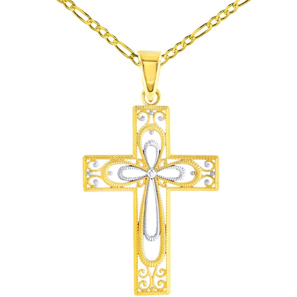 14K Gold Textured Milgrain Filigree Cross Pendant Figaro Necklace - Yellow Gold
