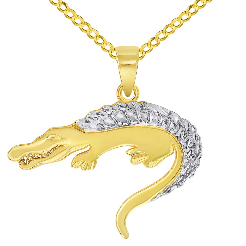 14k Yellow Gold Textured Two Tone Crocodile Reptile Animal Pendant with Cuban Curb Chain Necklace