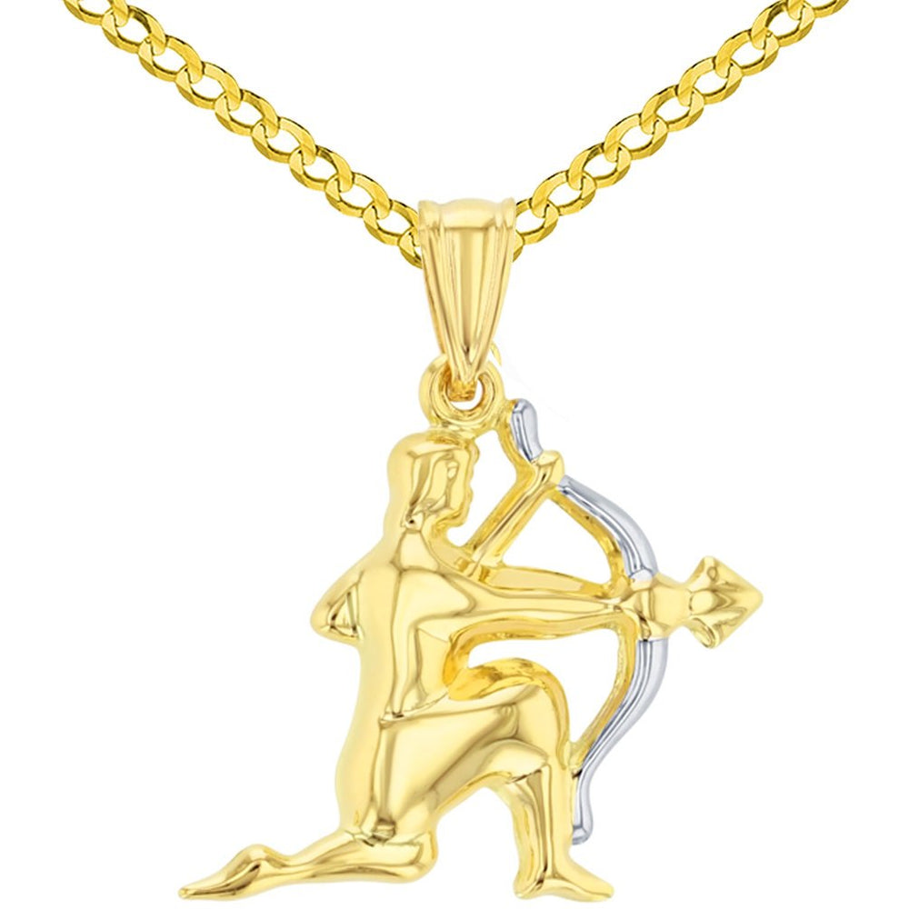 High Polish 14K Yellow Gold unique handcrafted Sagittarius Zodiac Sign Charm Pendant Cuban Chain Necklace