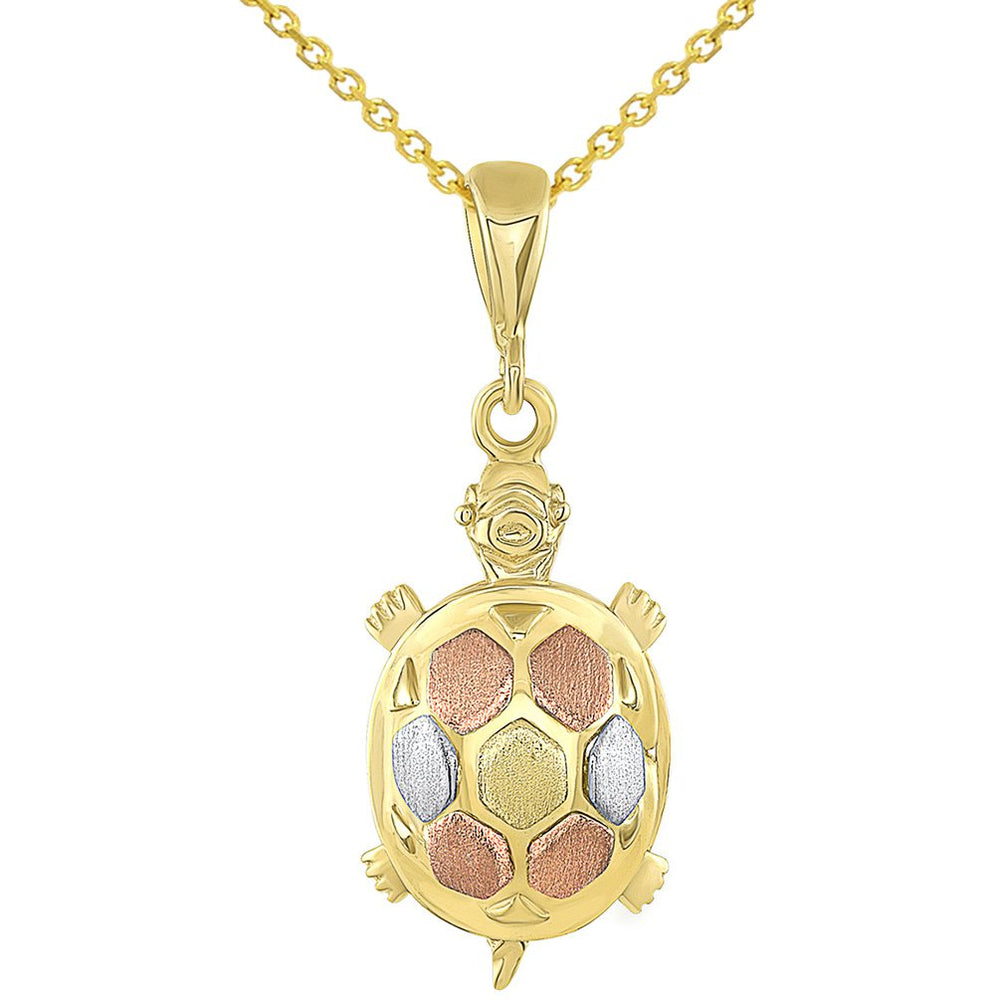 14K Tri-Color Gold Fancy Turtle Pendant Necklace