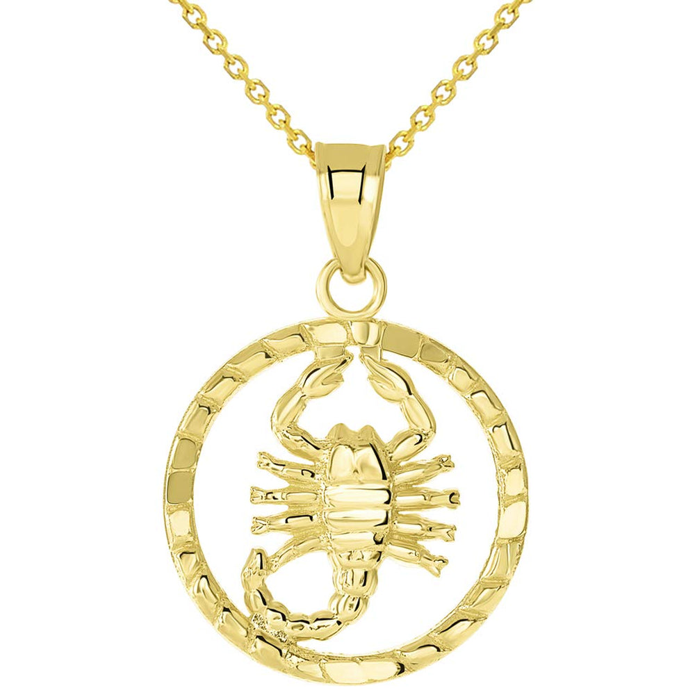 14k Yellow Gold Textured Round Scorpion Charm Scorpio Zodiac Pendant with Rolo Necklace