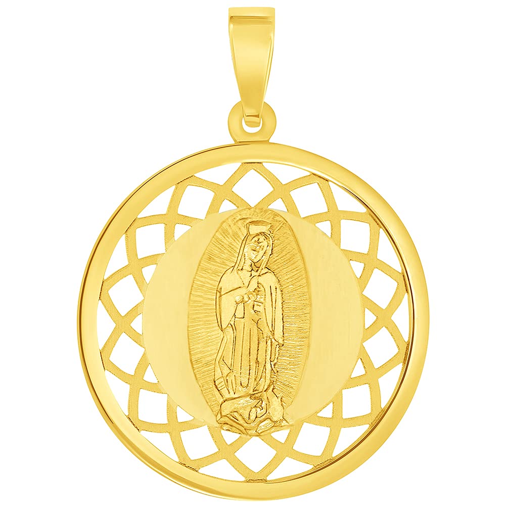 14k Yellow Gold Round Open Ornate Miraculous Medal of Our Lady of Guadalupe Pendant (1")