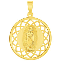 Load image into Gallery viewer, 14k Yellow Gold Round Open Ornate Miraculous Medal of Our Lady of Guadalupe Pendant with Figaro Chain Necklace
