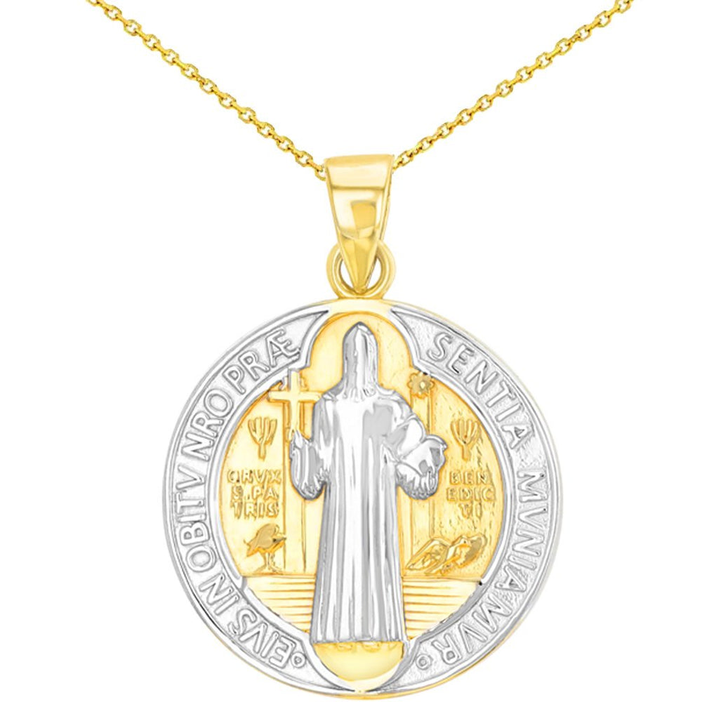 Solid 14K Yellow Gold Polished Religious St Benedict Medal Charm Saint Pendant Necklace
