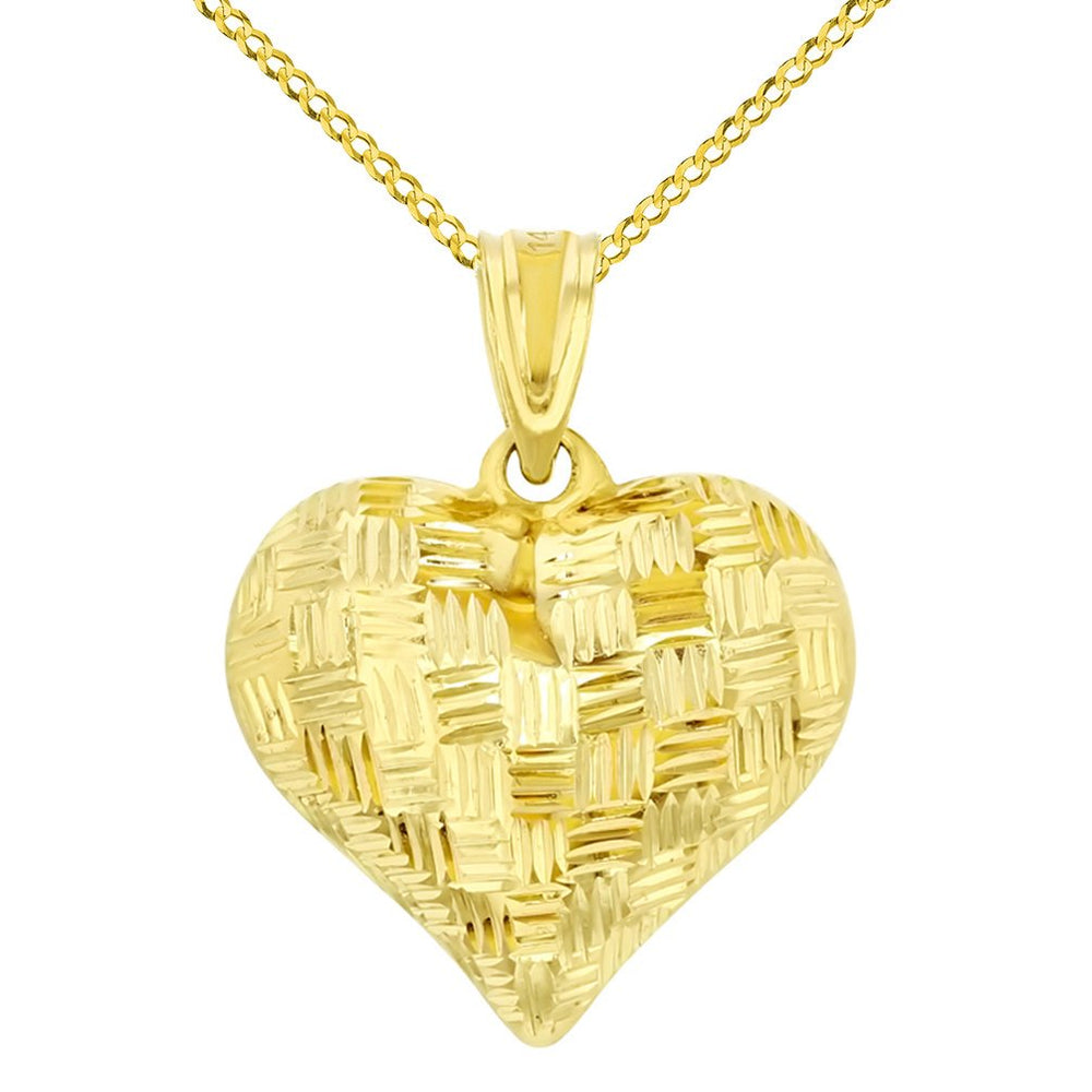 14K Yellow Gold 3D Textured Heart Charm Cuban Chain Pendant Necklace