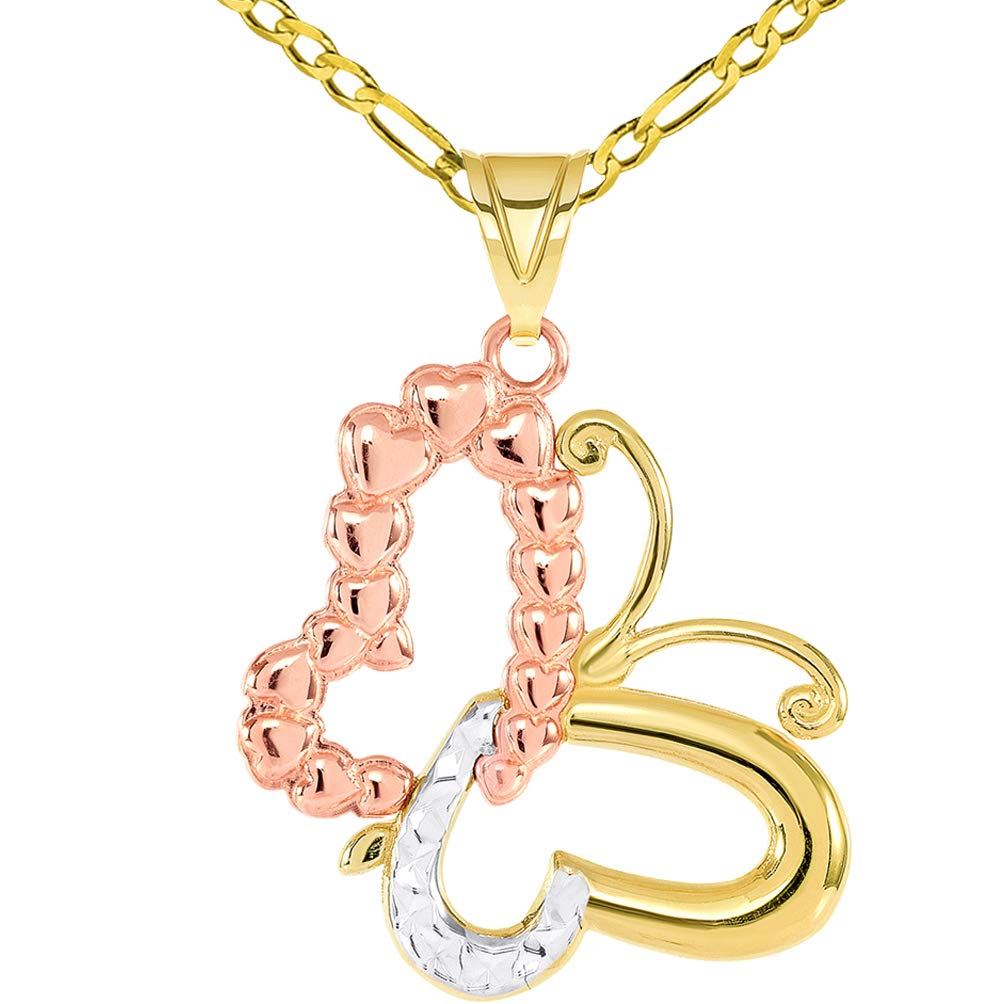 14k Yellow Gold and Rose Gold Dangling Sideways Tri-Tone Open Heart Butterfly Pendant Figaro Chain Necklace