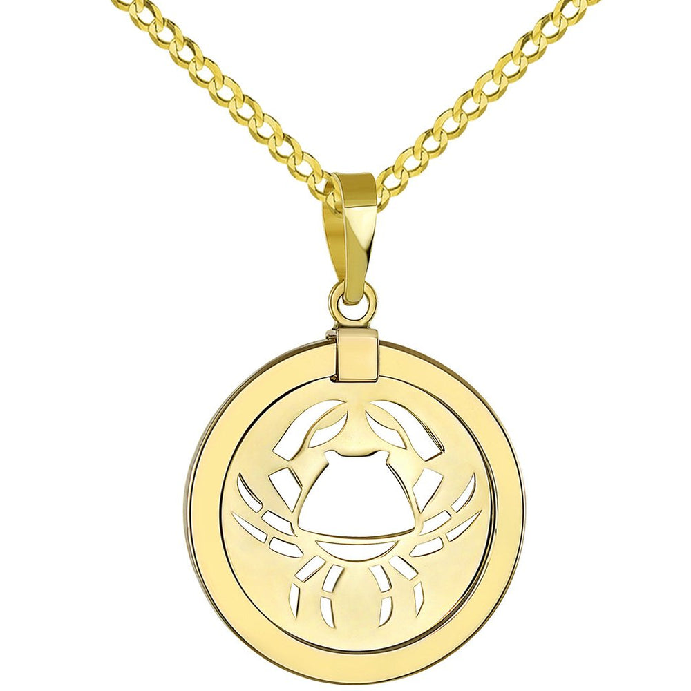 14K Yellow Gold Reversible Round Cancer Crab Zodiac Sign Pendant with Cuban Chain Necklace
