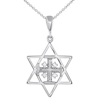 Load image into Gallery viewer, Solid 14K Gold Star of David and Jerusalem Cross Pendant Necklace - White Gold

